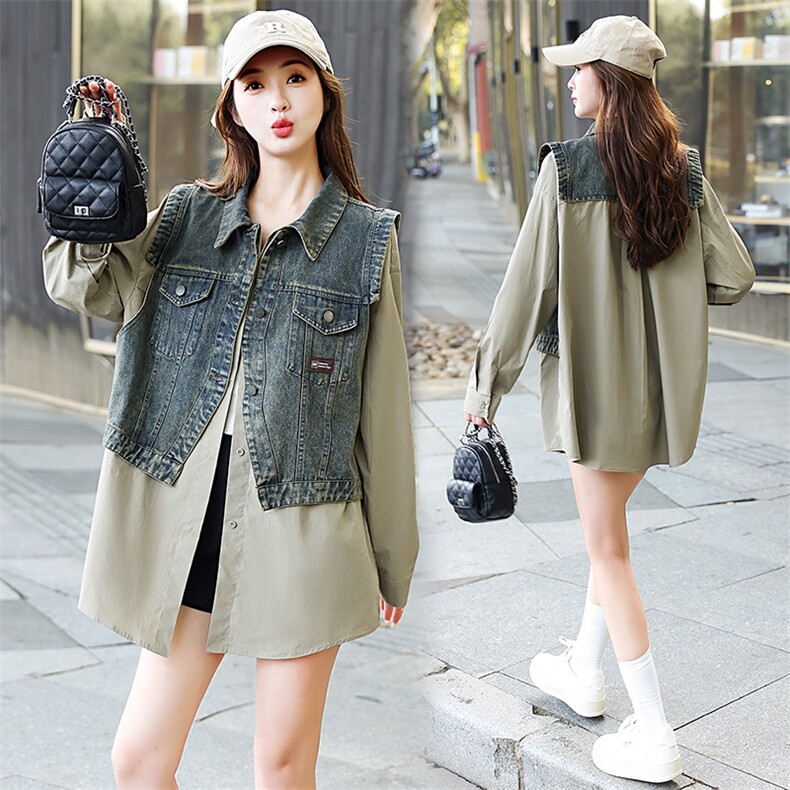 2024秋装新款时尚牛仔外套假两件，女装牛仔外套，歌伊格美