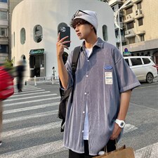 1港风情侣贴布衬衫大码M-5XL网红潮短袖衬衫男DCS7813P45控68，男装T恤，星座226-2