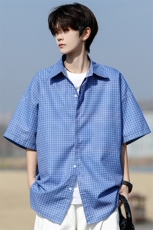 8XL-M短袖衬衫男夏宽松慵懒风痞帅条纹格子衫半袖外套DC28005P40，男装衬衫，电商B312