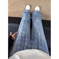 秋冬新款男士宽松格子休闲裤直筒牛仔裤潮牌美式阔腿裤K0212，男装牛仔裤，星座1116A（原606A-3）