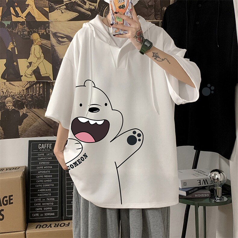 LD54131-P45 连帽短袖t恤男大码胖子带帽五分袖中袖 海报风图片