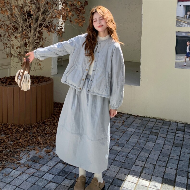 夹棉加厚长袖棉服外套卫衣女2025秋冬季新款女装半身长裙韩系套装,女装棉衣/棉服,2B218