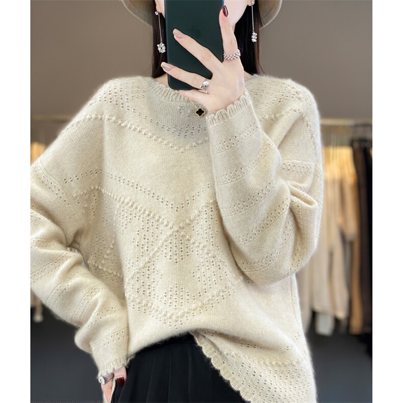 秋冬新款花边圆领羊绒针织衫女套头毛衣韩版显瘦羊毛长袖打底衫,女装羊毛衫,忠诺羊绒