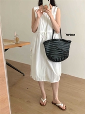 2025年夏季圆领长裙无袖单件纯棉镜面宽松抽绳裙，女装连衣裙，洛丽兰可
