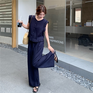 韩系木耳边无袖马甲套装女2025夏季新款气质显瘦百搭阔腿裤两件套图片