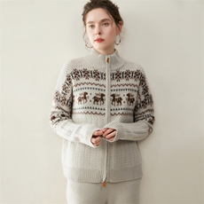 LP同款秋冬山羊绒开衫女半高领撞色提花加厚毛衣外套双拉链针织衫，女装羊绒衫，纳丰羊绒