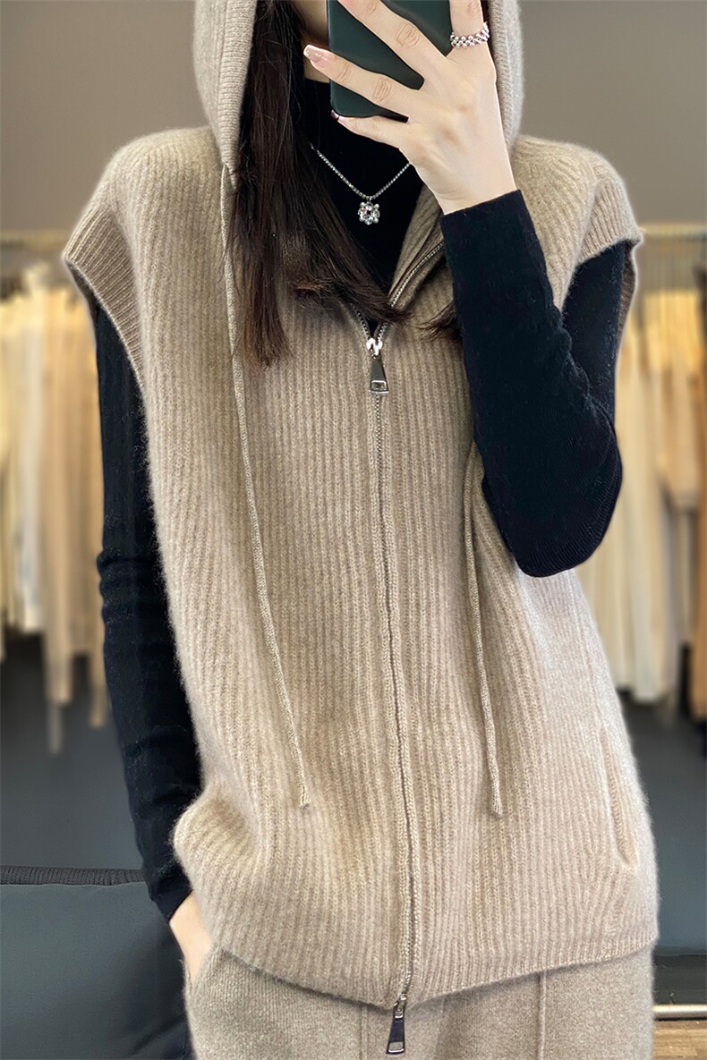 100%纯羊毛拉链连帽针织马甲女秋冬宽松慵懒无袖背心毛衣坎肩外套,女装马甲,总能电商供货