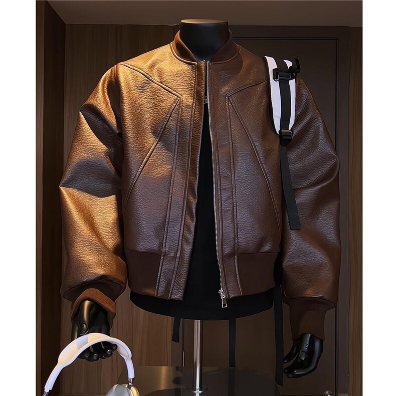 网图免烫宽松型美式夹克秋季棒球领皮夹克情侣外套男G1151特P59，男装夹克，电商A339