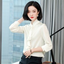 立领荷叶边真丝衬衫女长袖丝绸通勤春装木耳边真丝上衣衬衣气质，女装衬衫，阿舍尔精品