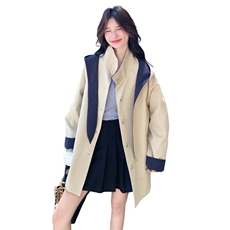 盐甜系格纹拼接连帽风衣外套女2025秋季新款学院风宽松小个子大衣，女装风衣，慧尚依恋