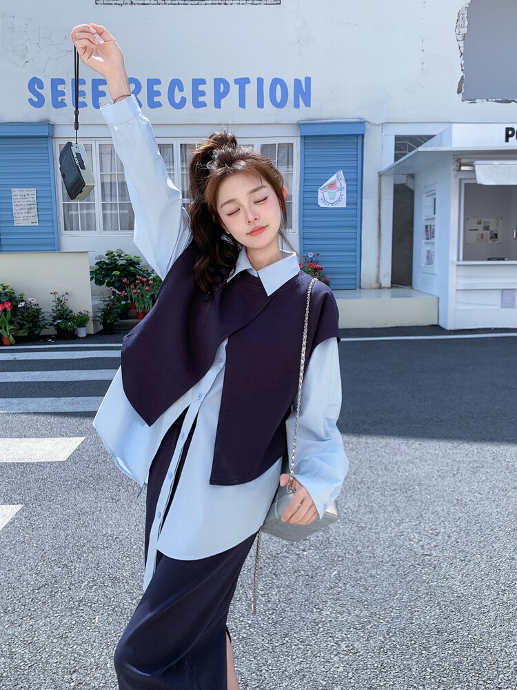 松弛感卫衣套装裙女2025春季新款韩版学院风减龄衬衫半身裙三件套,女装套装/套裙,诺蝶
