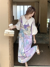 印花套装女夏季2026新款法式娃娃领衬衫蕾丝刺绣领口吊带裙两，女装连衣裙，艾米莉亚