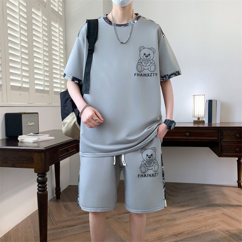 港风套装男休闲宽松冰丝青年圆领短袖T恤短裤两件套-JZ6210-P38,男装牛仔裤,星座310B-3