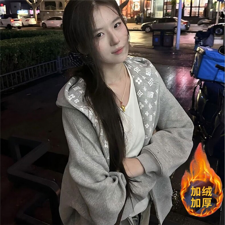 美式连帽卫衣女秋冬加绒字母印花开衫外套重磅潮牌宽松情侣上衣,女装短外套,星座506A