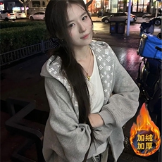 美式连帽卫衣女秋冬加绒字母印花开衫外套重磅潮牌宽松情侣上衣，女装短外套，星座506A