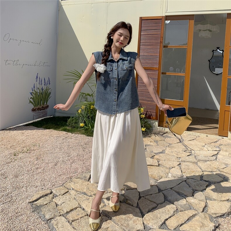 法式白色吊带连衣裙女开春气质高级感牛仔衬衫春日穿搭一整套长裙,女装套装/套裙,安在秀
