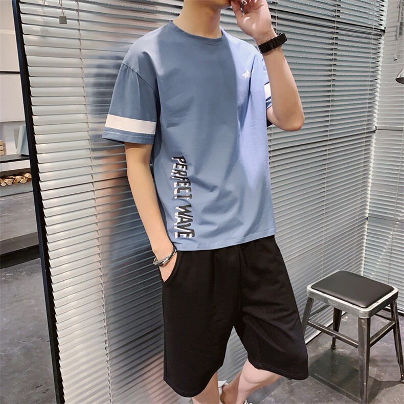 2021夏季新款男士透气运动套装帅气潮短袖短裤T恤两件套P35图片