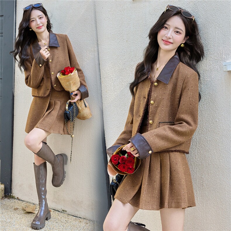 【bao款现货已出】2025秋冬新款pu皮拼接套装不规则短裙两件套，女装套装/套裙，雅静靓衣