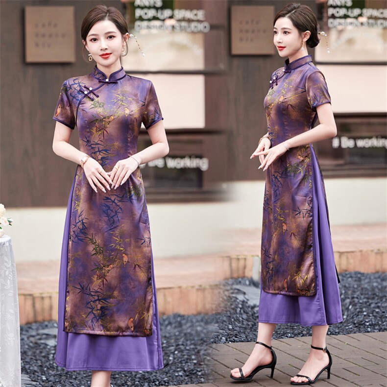 重磅香云纱真丝连衣裙2024新款高端大牌妈妈气质桑蚕丝大码短袖裙，女装汉服/婚纱/旗袍/礼服，小荷流