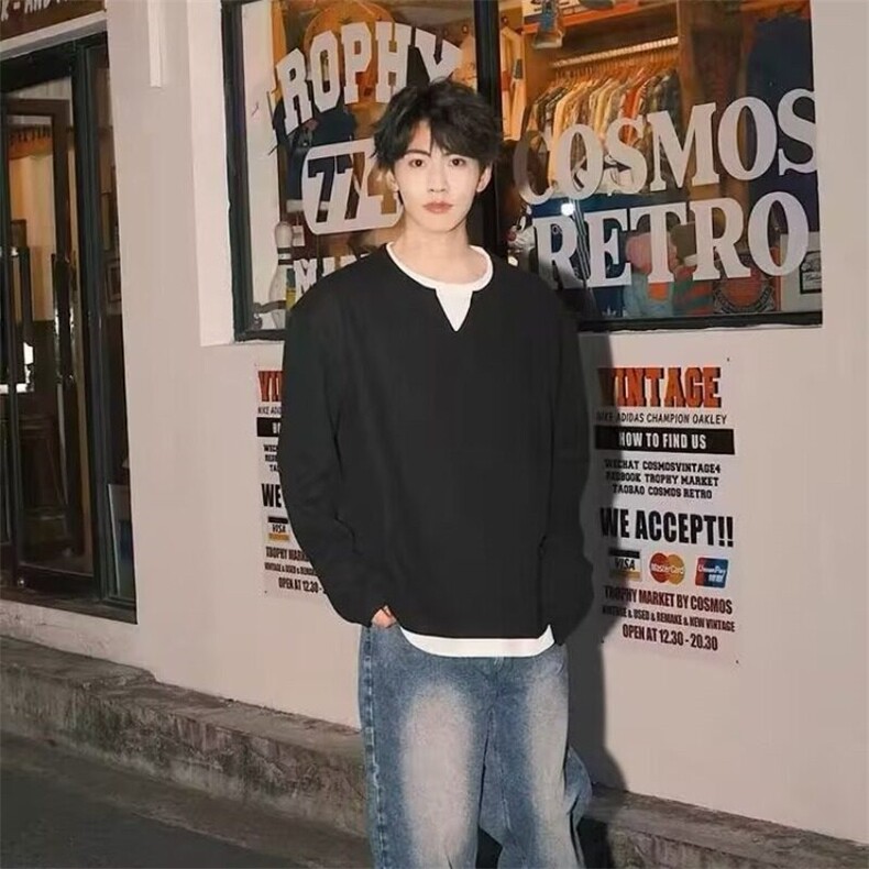 春秋假两件针织衫男2025新款痞帅风纯棉高级感长袖浅灰色慵懒上衣,男装T恤,星座506A