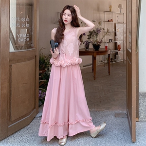 新中式国风套装裙女2025夏季新款超好看粉色提花背心阔腿裤两件套图片
