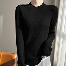 25春秋新款精纺羊毛衫女圆领坑条针织毛衣百搭显瘦宽松打底衫上衣，女装羊毛衫，总能电商供货