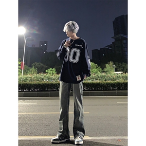 美式hiphop牛仔裤修身直筒微喇叭裤图片