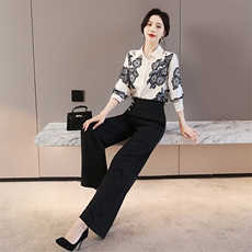 2024春季新款女装套装气质时尚印花长袖雪纺衬衫阔腿裤长裤两件套，女装套装/套裙，贵人树