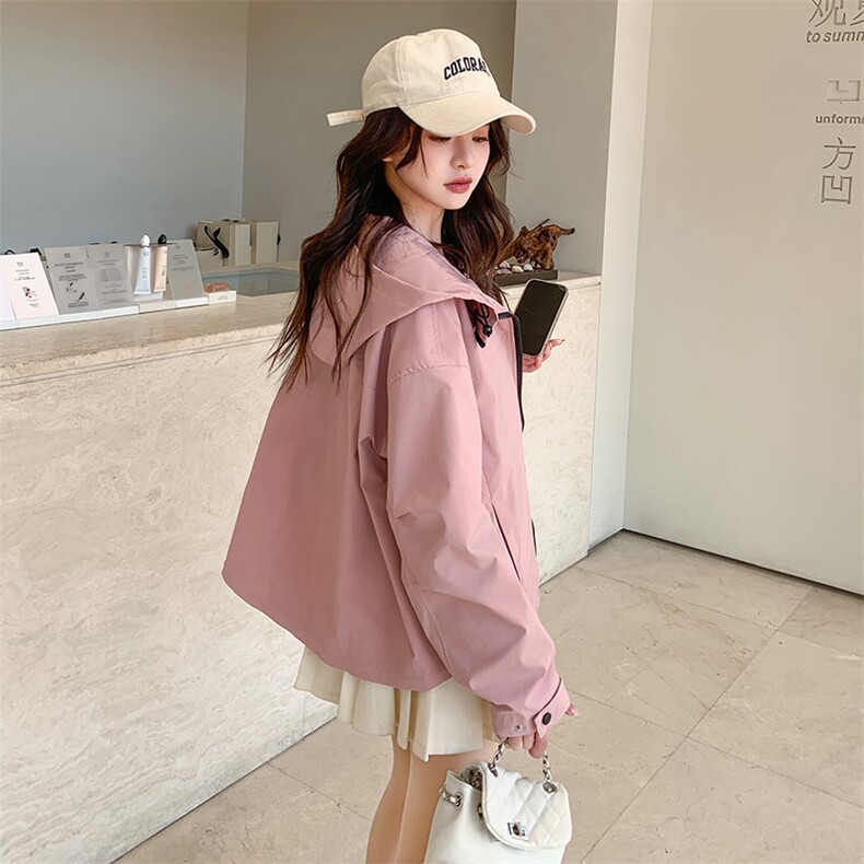 粉色连帽冲锋衣女2025春秋季新款小个子甜美减龄休闲夹克短外套,女装短外套,辉之琳