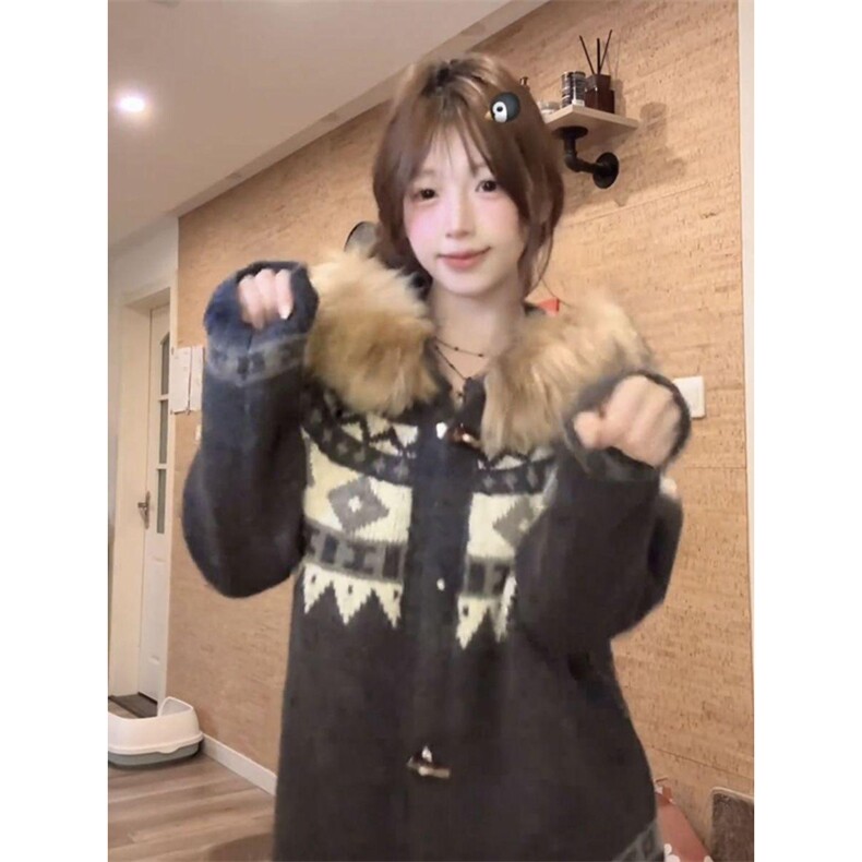重磅北极绒座山雕大毛毛领毛衣外套冬美式复古休闲慵懒风针织开衫,男装针织衫/毛衣,电商A486-1