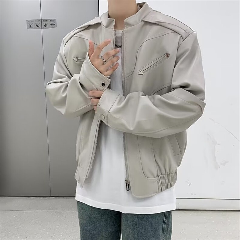 黑色立领pu皮衣外套男女春秋新款铆钉设计感短款机车服潮牌皮夹克,男装夹克,星座601-1