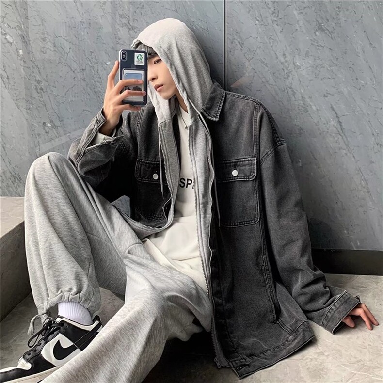 假两件牛仔外套春秋韩版学生设计感青春大码带帽夹克男女~W3309,男装夹克,星座601-2