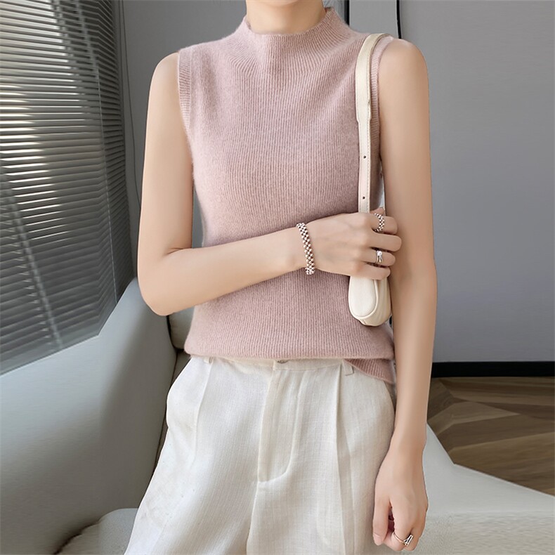 2024秋季新款半高领无袖短款女装休闲百搭，女装背心吊带，美轩羊绒