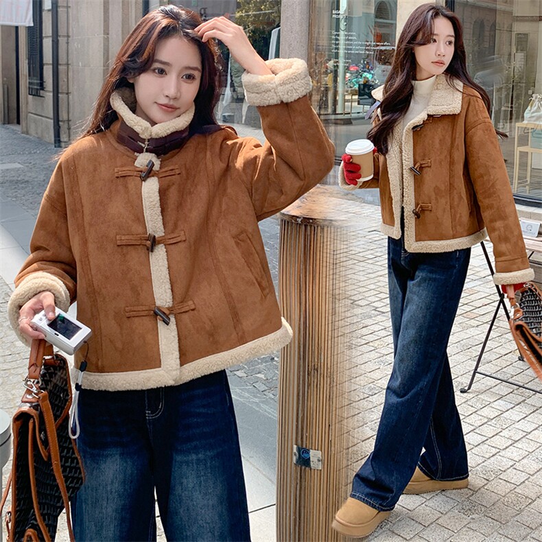 皮毛一体仿羊羔毛外套冬季2024新款小个子加厚仿麂皮绒机车服夹克,女装羊羔毛/颗粒绒,纯色衣恋
