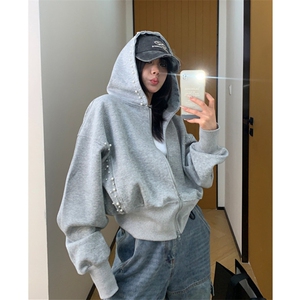 秋季美式小众设计钉珍珠短款连帽外套女复古修身黑色夹克 WY206图片