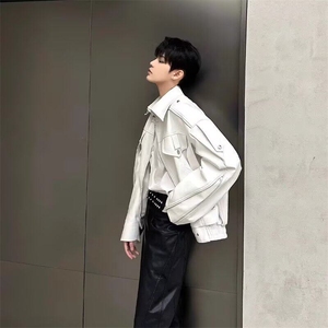 美式潮牌小众重工解构pu皮衣夹克外套男金属设计感高级感机车服男