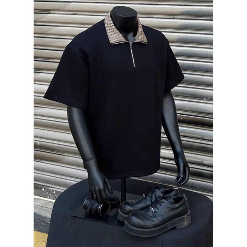 千鸟格拼接短袖polo衫男夏季老钱风半袖t恤痞帅五分袖T2506,男装Polo衫,星座1116A（原606A-3）