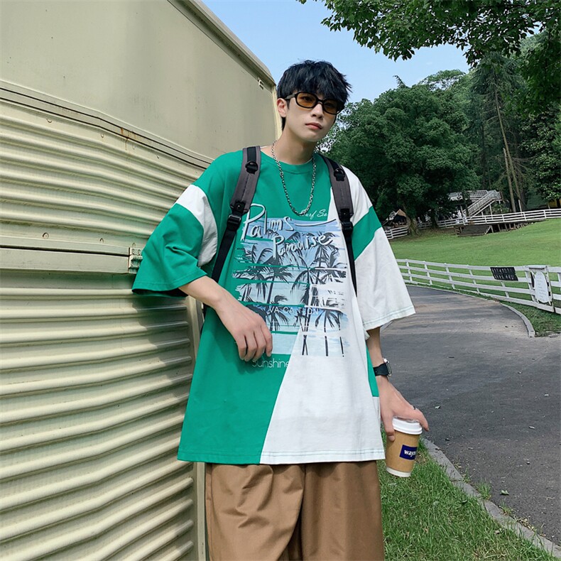 数据！设计感拼接撞色短T恤夏季宽松休闲男上衣XT228-P45控68,男装T恤,电商B370