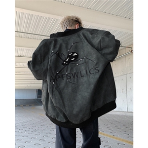 春秋美式蜘蛛刺绣pu皮夹克男女款拉链休闲宽松百搭街头棒球服外套图片