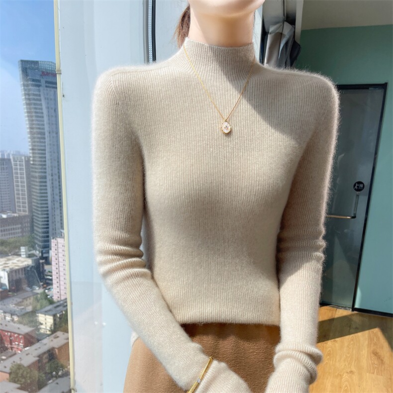 澳洲羊毛衫女套头半高领毛衣抽条修身洋气针织打底内搭图片
