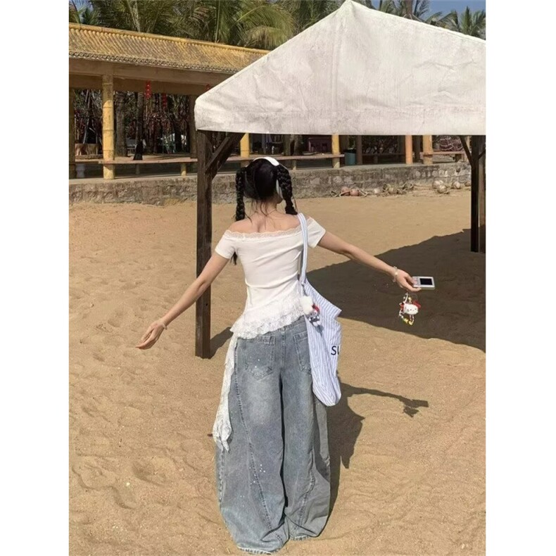 美式泼墨涂鸦阔腿牛仔裤女2025春新款今年流行高腰直筒弯刀裤,男装牛仔裤,星座506A