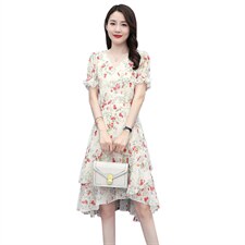 2023夏季新款时尚优雅气质V领花边不规则裙摆印花连衣裙，女装连衣裙，多彩