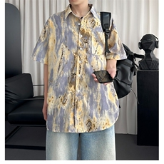 美式休闲宽松短袖衬衫小众潮牌抽象夏季撞色情侣衬衣CS6710，男装T恤，星座516A