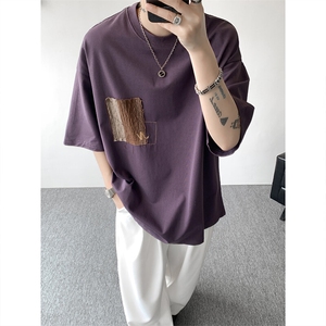 8XL-M 高品质纯棉美式复古宽松简约百搭学院风短袖T恤上衣男DX343图片