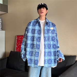复古别致蓝色格子流苏长袖衬衫女图片