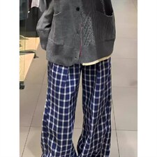 美式高街潮牌男女泡泡格子休闲裤直筒宽松慵懒显瘦阔腿休闲长裤子，男装休闲裤，电商A443