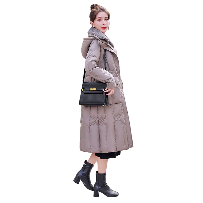 2024新款冬季防风保暖连帽中长款双层仿羊羔毛加厚90羽绒服,女装羽绒服,难舍钰依