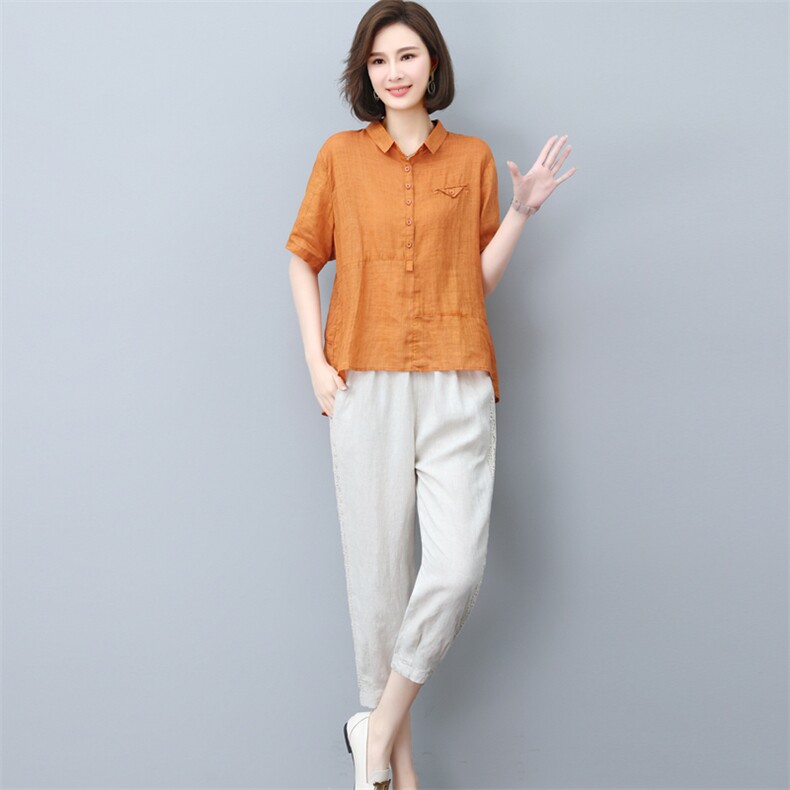 (新款)2025年纯苎麻棉两件套女三年不下架中老年妈妈装休闲五分裤,女装套装/套裙,璐依舞