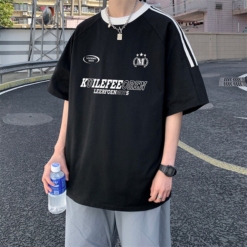 夏季美式高街重磅纯棉三条杠织带撞色男女短袖T恤ZD650-特P30,男装T恤,电商A486-1