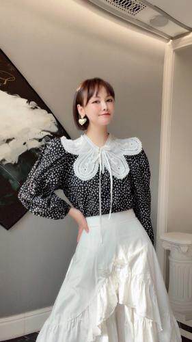 黑白碎花镂空荷叶领衬衣，其它，牙角